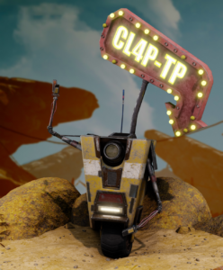 3d model of Claptrap from Borderlands videogame series. Rendered on a dirt ground with a lighted arrow sign above that reads CL4P-TP