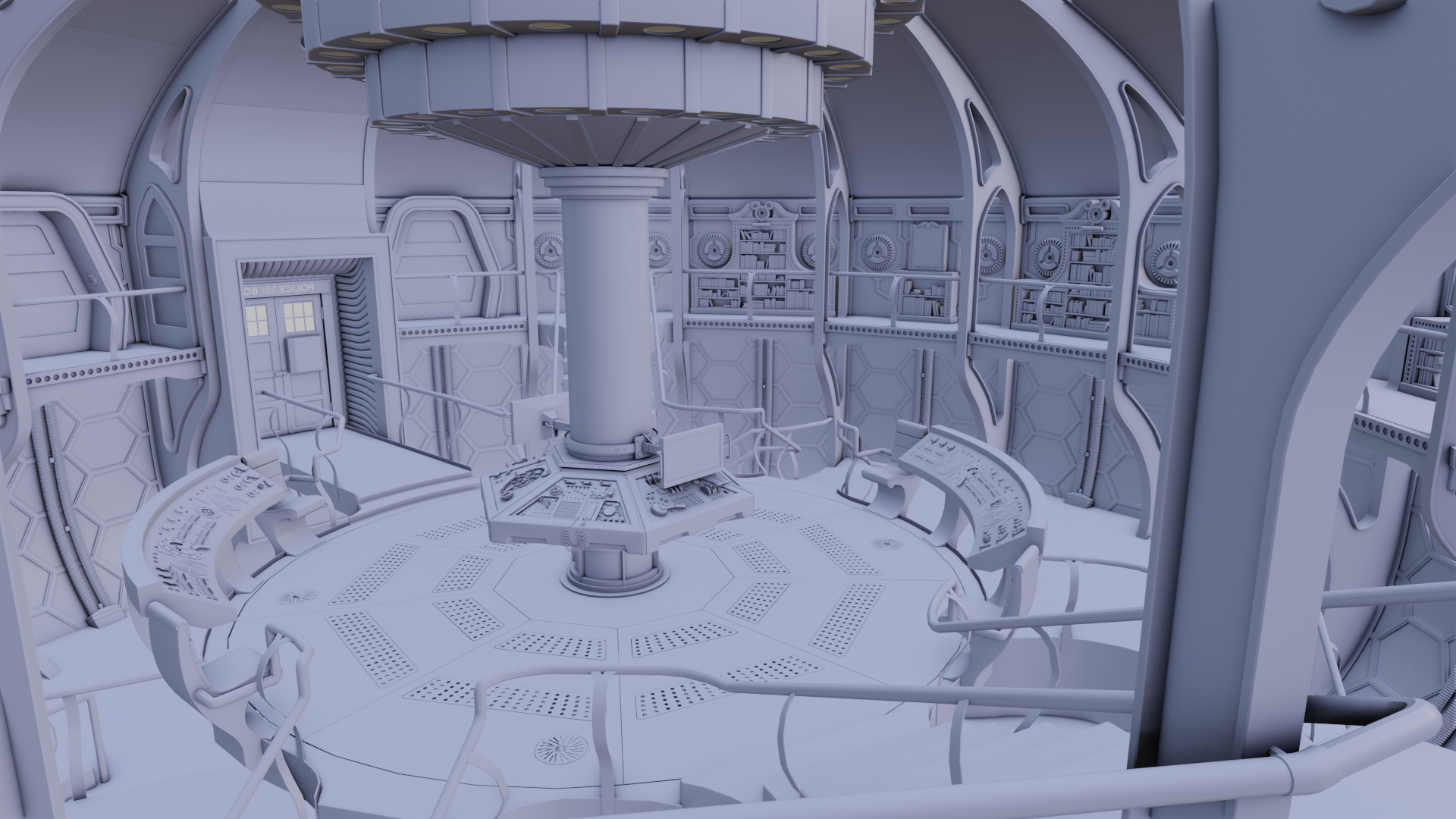 render of 3d model recreation of doctor who tardis control room