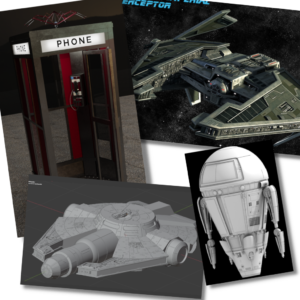 collage of four hard surface 3d model works in progress; bill and teds phone booth, two star wars ships, and an original design